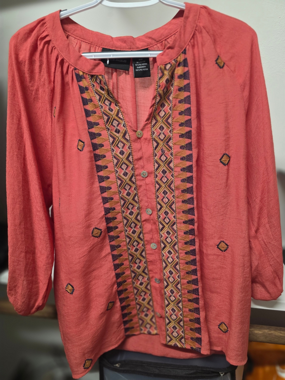 Embroidered Button-Front Women's Top in Coral